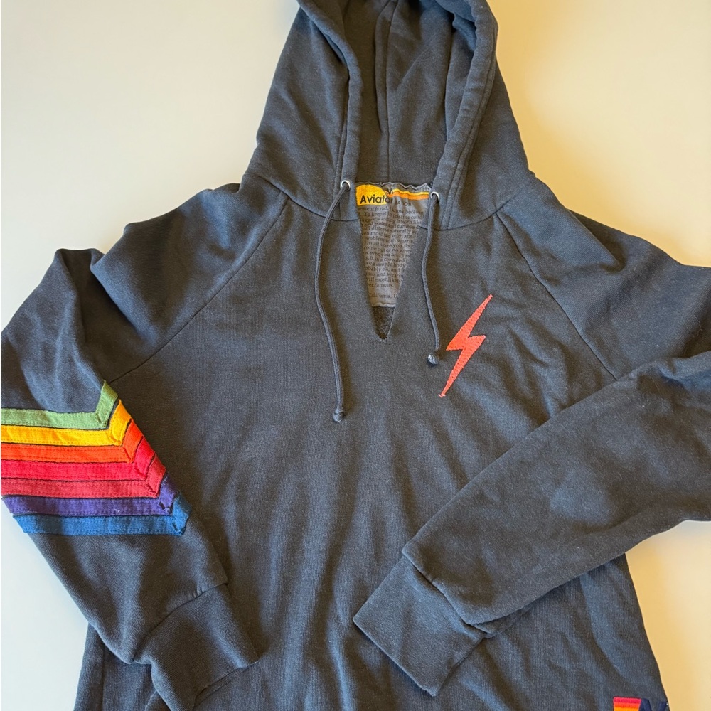 Aviator Nation Gray Hoodie with Rainbow Sleeve and Red Lightning Bolt